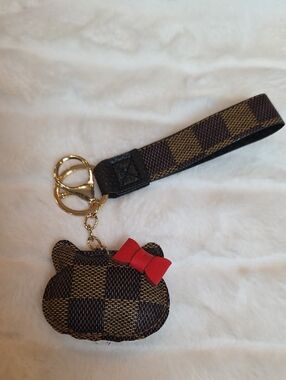 Brown Check Wristlet Keychain with Red Bow